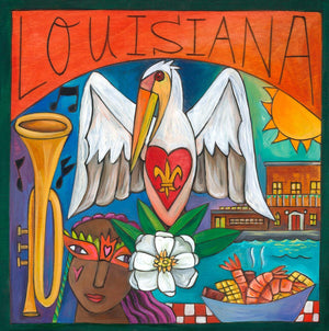 "You are My Sunshine" Plaque – "Louisiana" plaque with collaged symbolic imagery including a prominent pelican