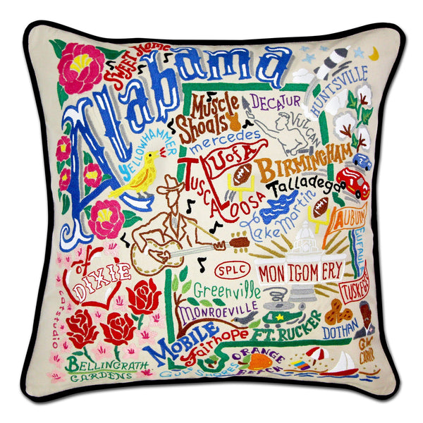 Alabama Hand-Embroidered Pillow -  The Heart of Dixie, this original design celebrates the state of Alabama