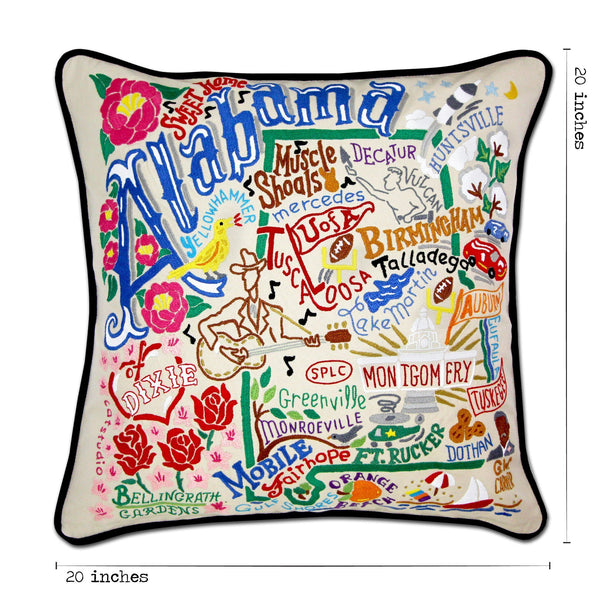 Alabama Hand-Embroidered Pillow -  The Heart of Dixie, this original design celebrates the state of Alabama