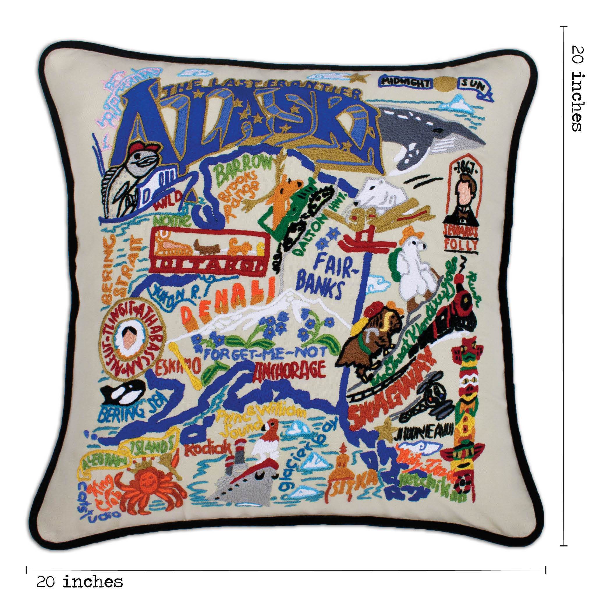 Alaska Hand-Embroidered Pillow -  This original design celebrates The Last Frontier—the state of Alaska