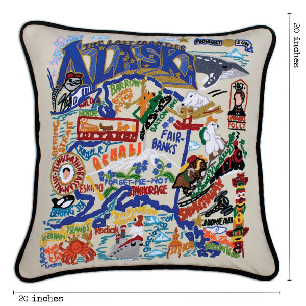 Alaska Hand-Embroidered Pillow -  This original design celebrates The Last Frontier—the state of Alaska