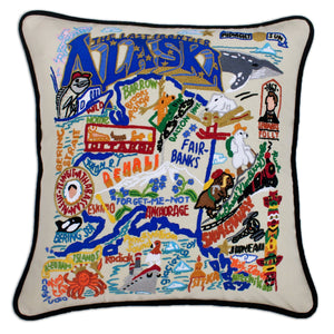 Alaska Hand-Embroidered Pillow -  This original design celebrates The Last Frontier—the state of Alaska