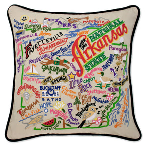 Arkansas Hand-Embroidered Pillow -  They don't call it the Natural State for nothing, this original design celebrates the State of Arkansas