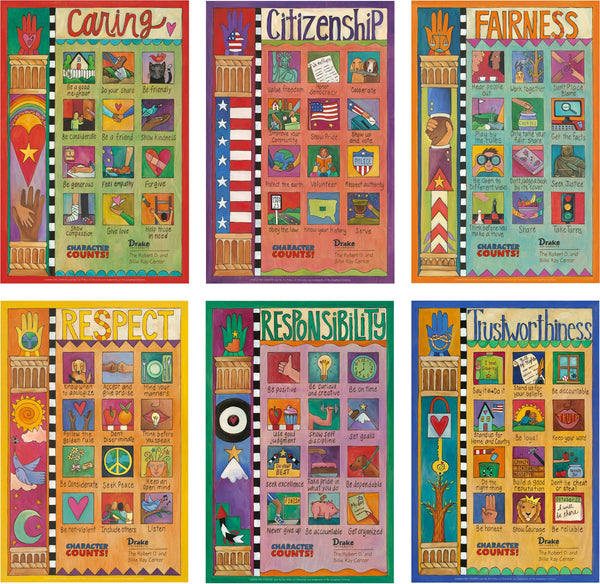 Character Counts 23"x35" Plaque Set – A set of the 6 Pillars of Character printed on wooden plaques to hang in your school, office, church, or setting of your choice to reinforce the core ethical values Character Counts represents main view