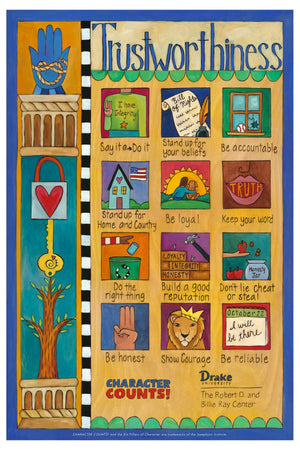 Character Counts 8"x12" Plaque Set – A set of the 6 Pillars of Character printed on wooden plaques to hang in your school, office, church, or setting of your choice to reinforce the core ethical values Character Counts represents single Trustworthiness plaque view