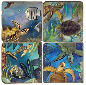 Tropical turtles and fish swim through seaweed coaster motif