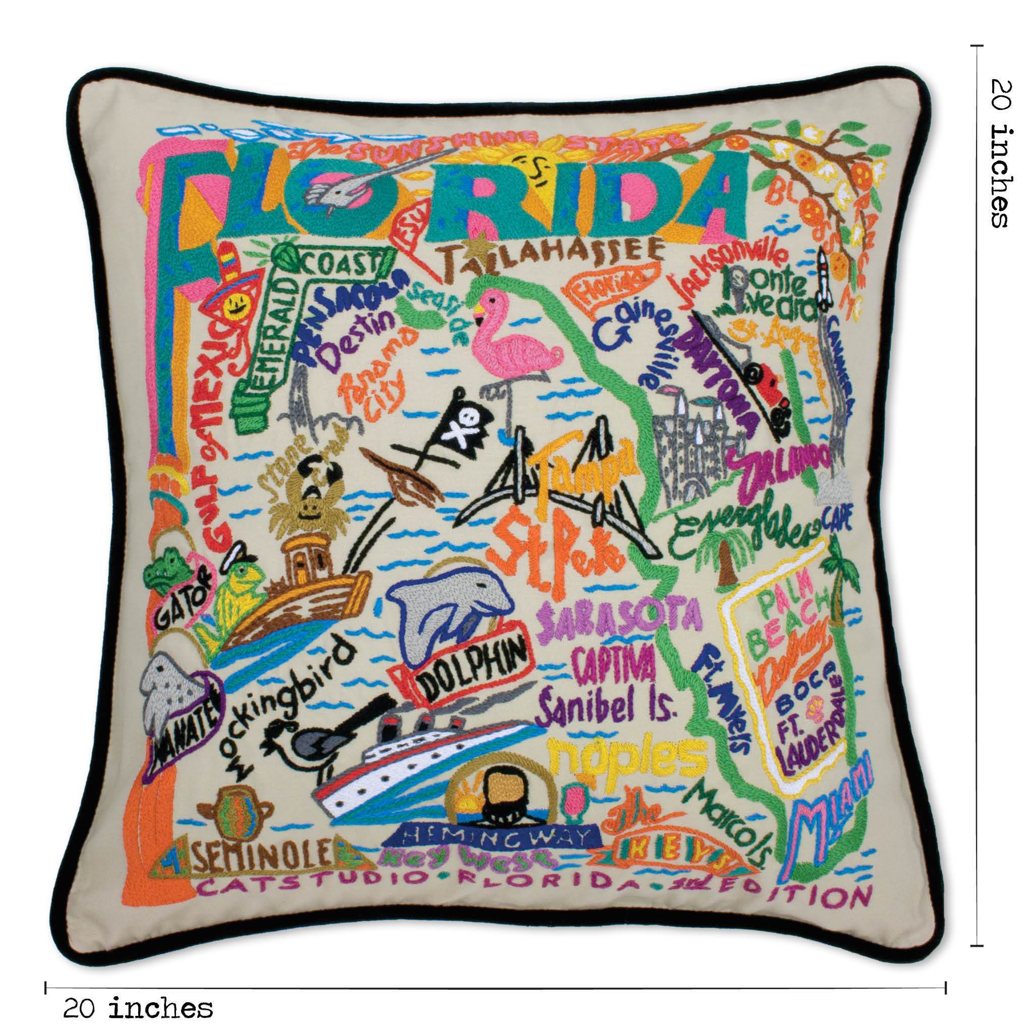 Florida Hand-Embroidered Pillow -  This original design celebrates the beautiful sunshine state of Florida. From the Keys to Pensacola, Tampa to Palm Beach, Flamingos to Alligators...and we'd never forget the Mouth of the Rat (Boca Raton)! Ha, ha! What a great state!