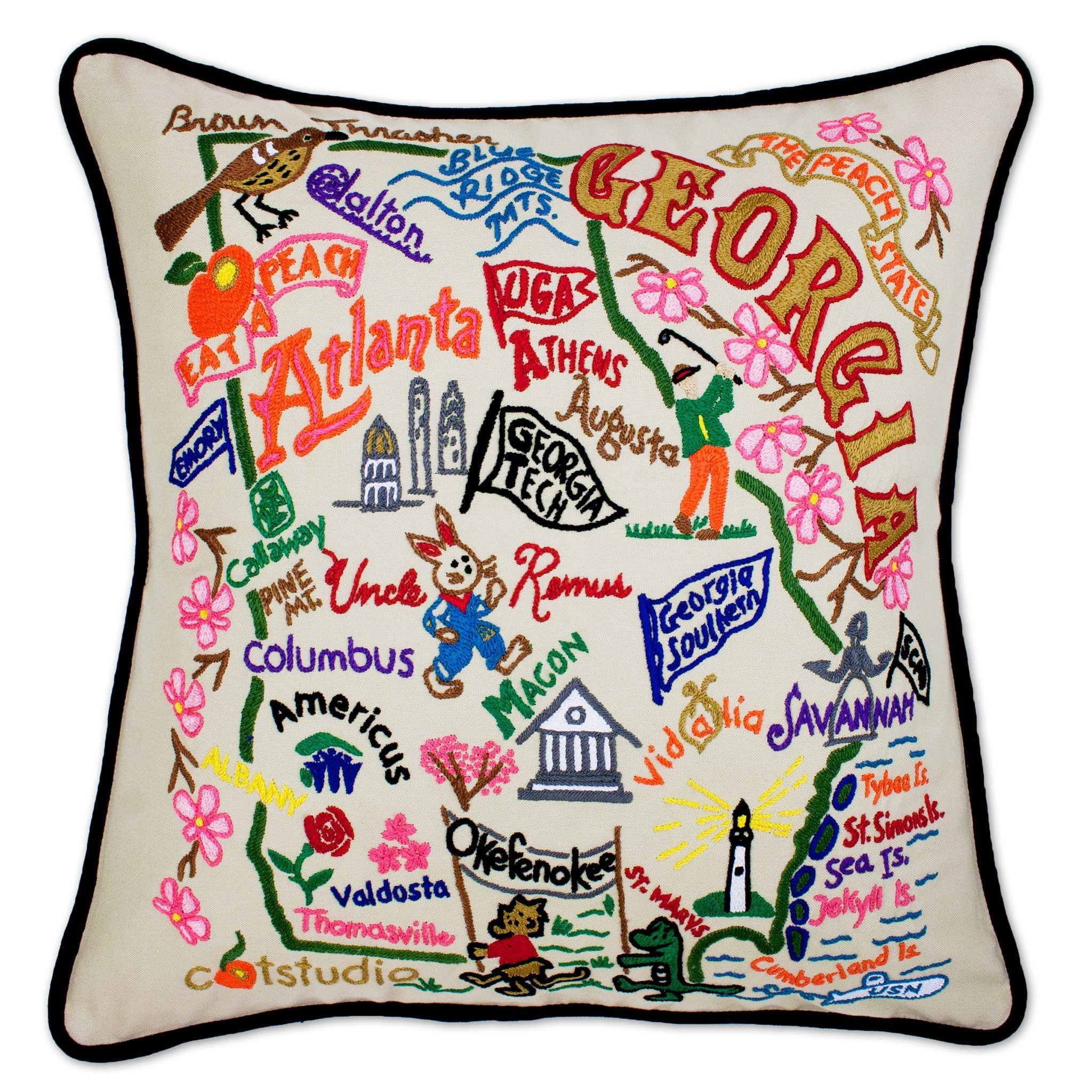 Georgia Hand-Embroidered Pillow -  The Soul of the South... the Peach State! Dalton to Savannah, Okefenokee to Athens, Bulldogs to Onions!!! This original design celebrates the State of Georgia.