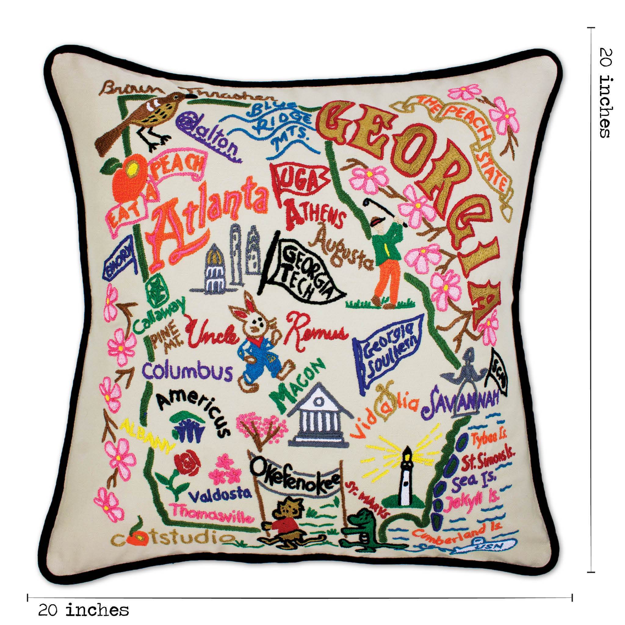 Georgia Hand-Embroidered Pillow -  The Soul of the South... the Peach State! Dalton to Savannah, Okefenokee to Athens, Bulldogs to Onions!!! This original design celebrates the State of Georgia.