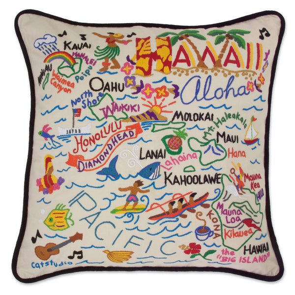 Hawaii Hand-Embroidered Pillow -  ALOHA! This original design celebrates the beautiful Hawaiian Islands. Carmel Swan, one of the owners of catstudio, is a native of Hawaii—and she worked long hours to ensure the art truly captures the spirit of Aloha. We think it does!