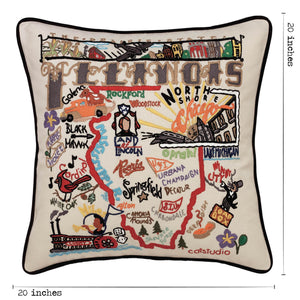 Illinois Hand-Embroidered Pillow -  The land of Lincoln. This original design celebrates the State of Illinois - from Cairo to Chicago!