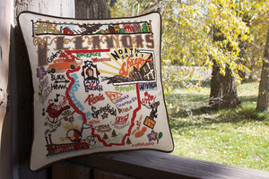 Illinois Hand-Embroidered Pillow -  The land of Lincoln. This original design celebrates the State of Illinois - from Cairo to Chicago!