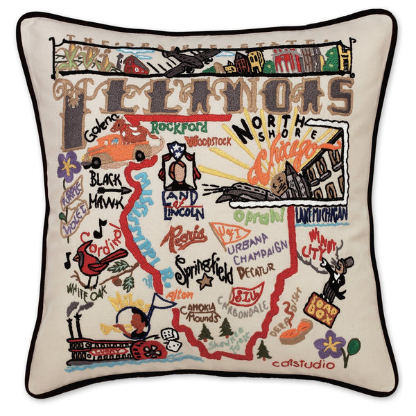 Illinois Hand-Embroidered Pillow -  The land of Lincoln. This original design celebrates the State of Illinois - from Cairo to Chicago!