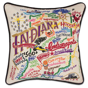 Indiana Hand-Embroidered Pillow -  This original design celebrates the great State of Indiana - from Madison to Muncie to Lake Michigan!