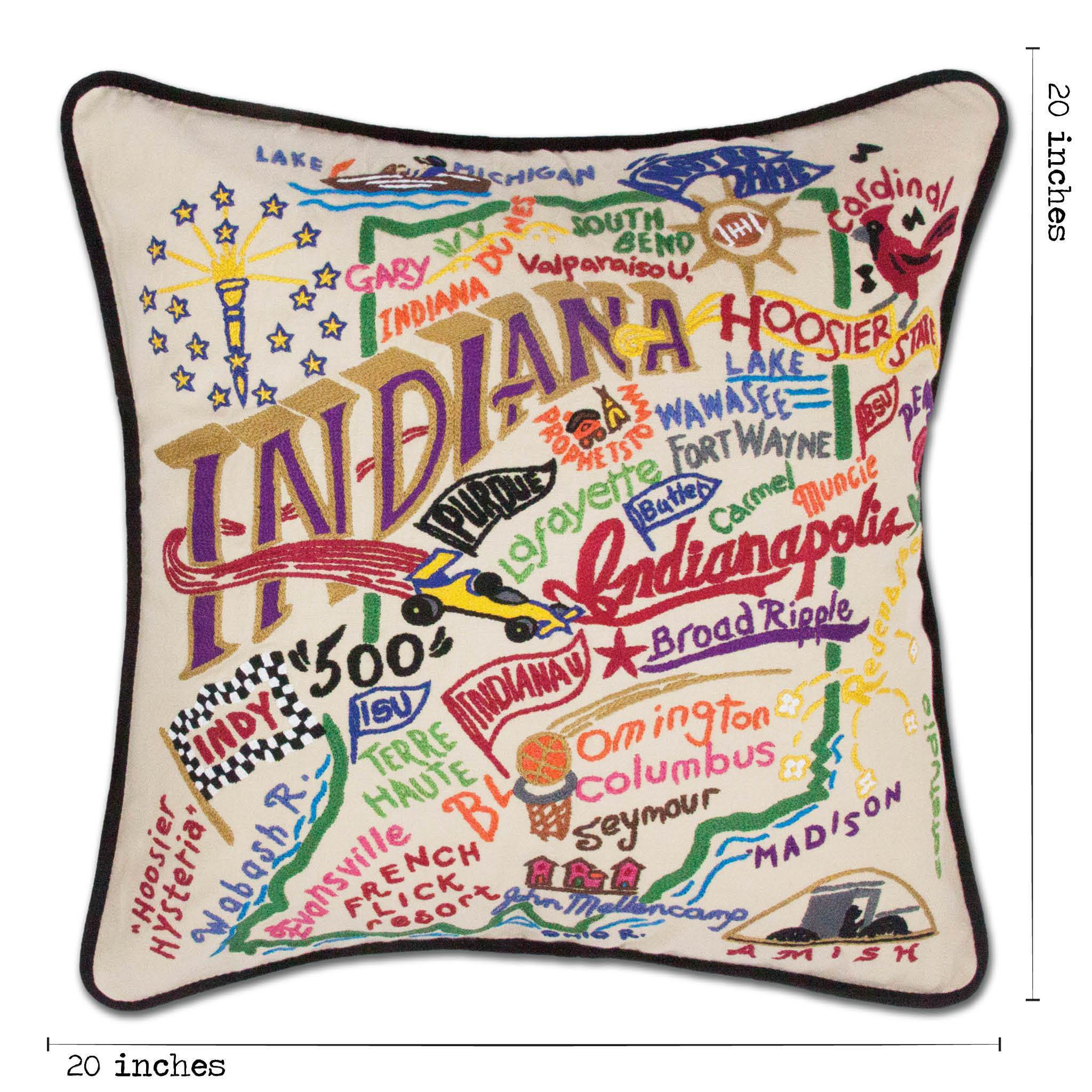 Indiana Hand-Embroidered Pillow -  This original design celebrates the great State of Indiana - from Madison to Muncie to Lake Michigan!