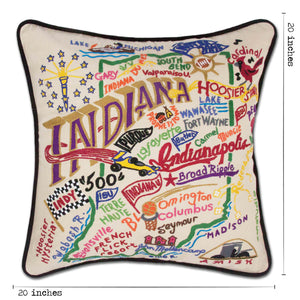 Indiana Hand-Embroidered Pillow -  This original design celebrates the great State of Indiana - from Madison to Muncie to Lake Michigan!