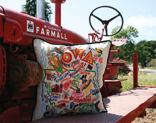 Iowa Hand-Embroidered Pillow -  This original design celebrates the great State of Iowa from Council Bluffs to Sioux City to Dubuque! Terrell Swan, one of the owners of catstudio, says it's his favorite design!!