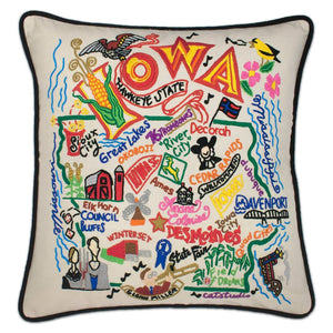 Iowa Hand-Embroidered Pillow -  This original design celebrates the great State of Iowa from Council Bluffs to Sioux City to Dubuque! Terrell Swan, one of the owners of catstudio, says it's his favorite design!!