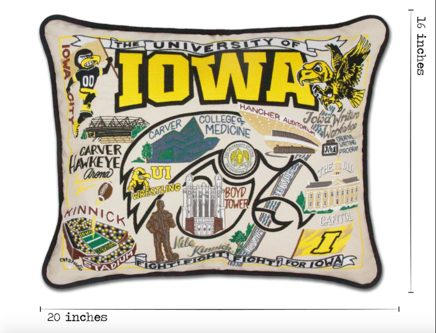 University of Iowa Hand-Embroidered Pillow -  This original design celebrates the University of Iowa. Go Hawkeyes!