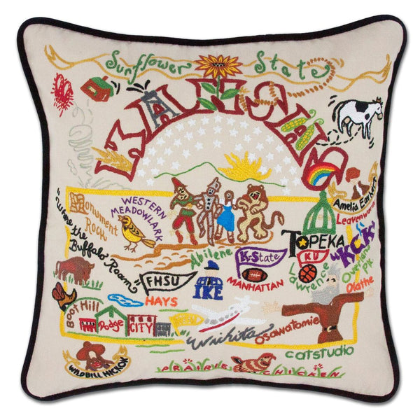 Kansas Hand-Embroidered Pillow -  This original design celebrates Kansas, the Sunflower State