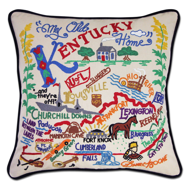 Kentucky Hand-Embroidered Pillow -  The Bluegrass State! This original design celebrates the State of Kentucky - from Cumberland Falls to Bowling Green to Frankfort (not Germany - ha! ha!) while riding on the bluegrass!