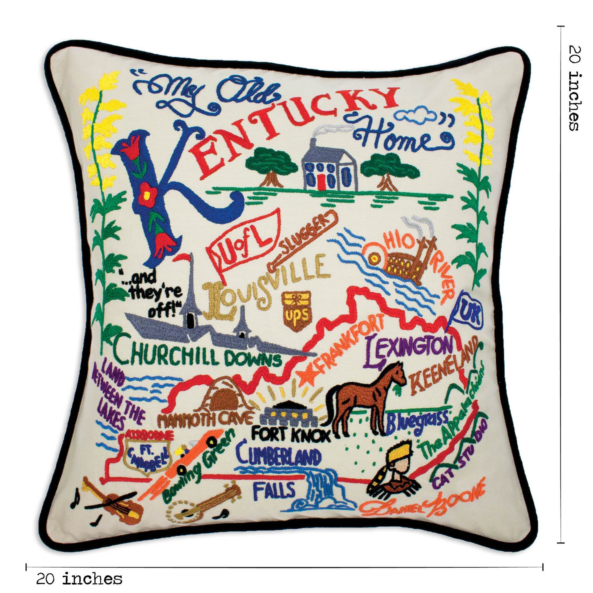 Kentucky Hand-Embroidered Pillow -  The Bluegrass State! This original design celebrates the State of Kentucky - from Cumberland Falls to Bowling Green to Frankfort (not Germany - ha! ha!) while riding on the bluegrass!