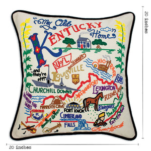 Kentucky Hand-Embroidered Pillow -  The Bluegrass State! This original design celebrates the State of Kentucky - from Cumberland Falls to Bowling Green to Frankfort (not Germany - ha! ha!) while riding on the bluegrass!