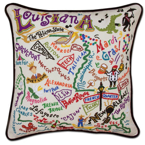 Louisiana Hand-Embroidered Pillow -  Louisiana, it's like a separate country, but it's a state! This original design celebrates this amazing state from Lake Charles to Monroe to Tallulah to the Crescent City!
