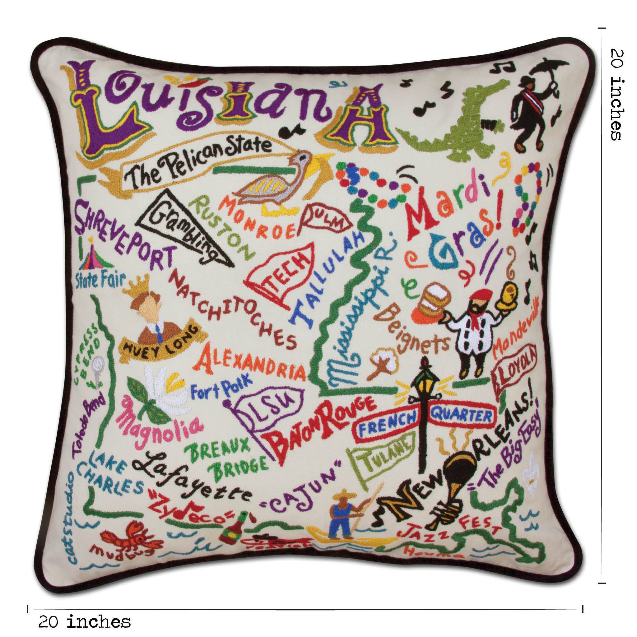 Louisiana Hand-Embroidered Pillow -  Louisiana, it's like a separate country, but it's a state! This original design celebrates this amazing state from Lake Charles to Monroe to Tallulah to the Crescent City!