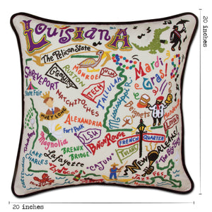 Louisiana Hand-Embroidered Pillow -  Louisiana, it's like a separate country, but it's a state! This original design celebrates this amazing state from Lake Charles to Monroe to Tallulah to the Crescent City!