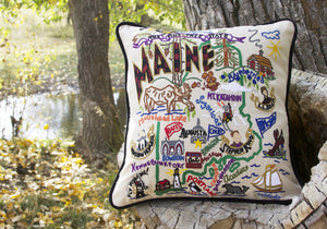 Maine Hand-Embroidered Pillow -  This original design celebrates the state of Maine, from Kennebunkport to Moosehead Lake to Portland (Maine, not Oregon, ha, ha!)