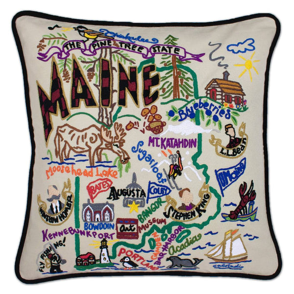 Maine Hand-Embroidered Pillow -  This original design celebrates the state of Maine, from Kennebunkport to Moosehead Lake to Portland (Maine, not Oregon, ha, ha!)