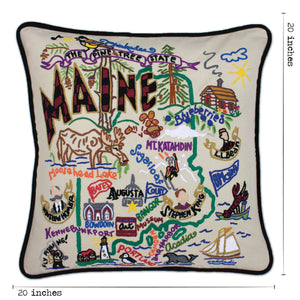 Maine Hand-Embroidered Pillow -  This original design celebrates the state of Maine, from Kennebunkport to Moosehead Lake to Portland (Maine, not Oregon, ha, ha!)