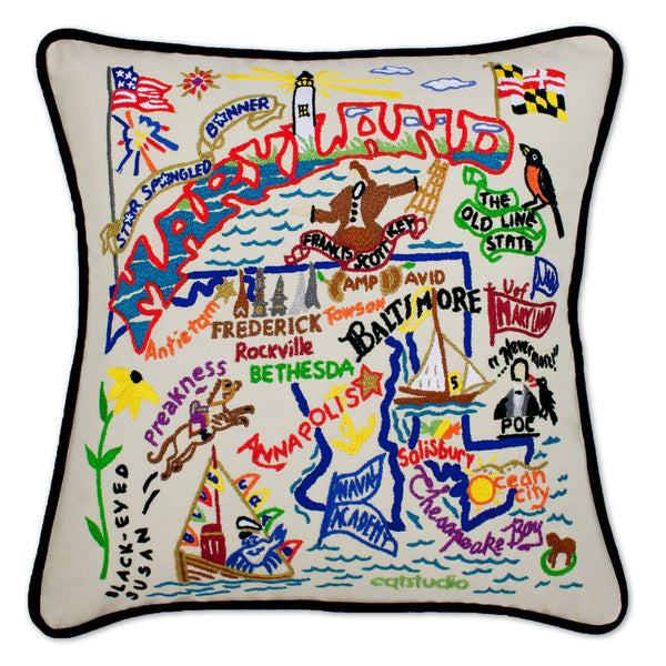 Maryland Hand-Embroidered Pillow -  This original design celebrates the State of Maryland - from Camp David to the Chesapeake Bay to Ocean City (and Thrasher's Fries - of course)!