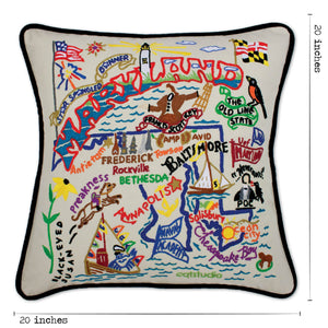 Maryland Hand-Embroidered Pillow -  This original design celebrates the State of Maryland - from Camp David to the Chesapeake Bay to Ocean City (and Thrasher's Fries - of course)!