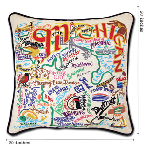 Michigan Hand-Embroidered Pillow -  This original design celebrates the amazing state of Michigan in great detail—from Battle Creek to Holland (yes they have Tulips) to the Porcupine Mountains!