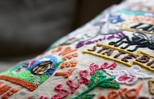 Minnesota Hand-Embroidered Pillow -  Land of 10,000 Lakes! This original design celebrates the state of Minnesota—from Rochester (not New York) to Little Falls to International Falls...lots of water up there!