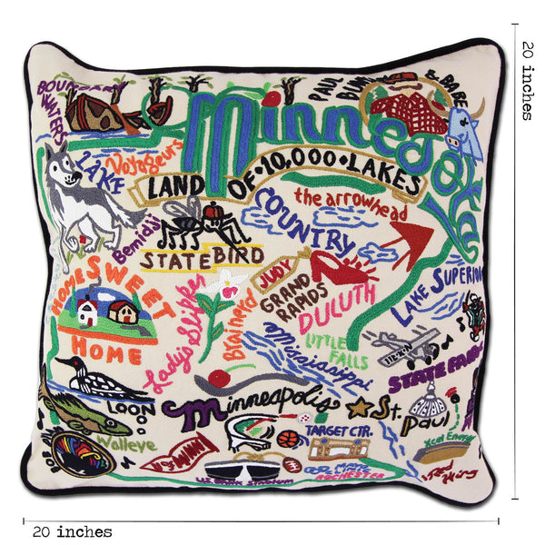 Minnesota Hand-Embroidered Pillow -  Land of 10,000 Lakes! This original design celebrates the state of Minnesota—from Rochester (not New York) to Little Falls to International Falls...lots of water up there!