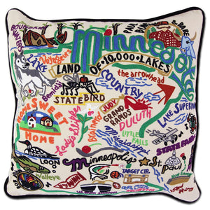 Minnesota Hand-Embroidered Pillow -  Land of 10,000 Lakes! This original design celebrates the state of Minnesota—from Rochester (not New York) to Little Falls to International Falls...lots of water up there!