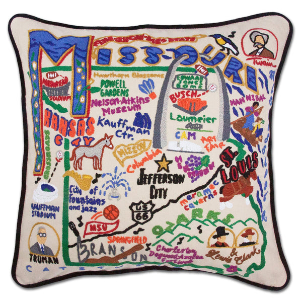 Missouri Hand-Embroidered Pillow -  This original design celebrates the State of Missouri from Elephant Rocks to Kansas City to Jefferson City to the Ozarks!