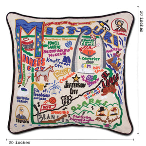Missouri Hand-Embroidered Pillow -  This original design celebrates the State of Missouri from Elephant Rocks to Kansas City to Jefferson City to the Ozarks!
