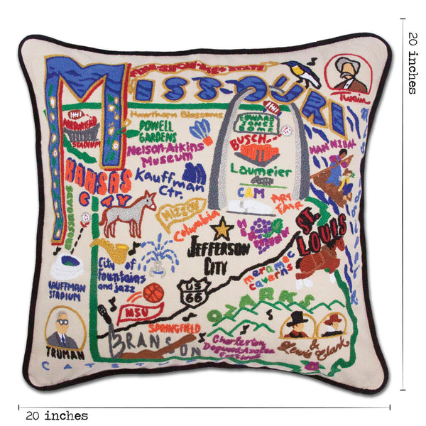 Missouri Hand-Embroidered Pillow -  This original design celebrates the State of Missouri from Elephant Rocks to Kansas City to Jefferson City to the Ozarks!