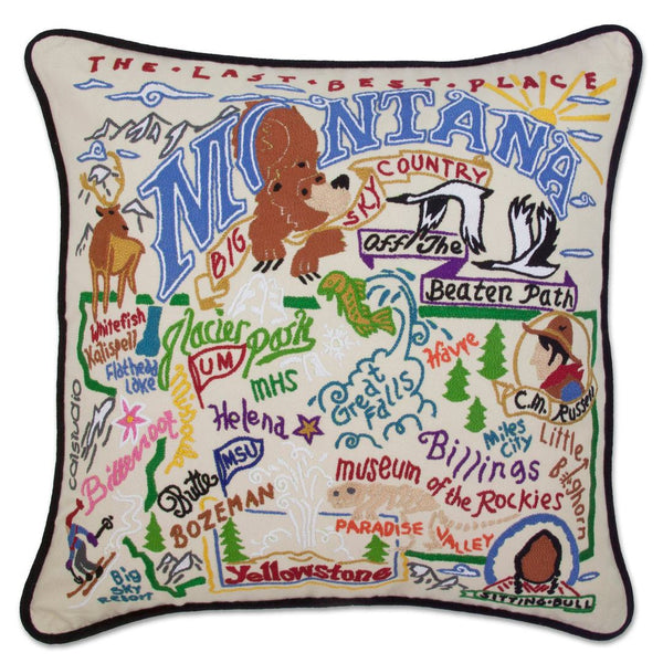 Montana Hand-Embroidered Pillow -  They don't call it THE LAST BEST PLACE for nothing! This original design celebrates the State of Montana - from Bozeman, Billings, Big Mountain - BIG SKY COUNTRY and totally Beautiful!