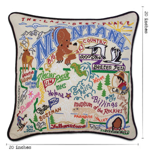 Montana Hand-Embroidered Pillow -  They don't call it THE LAST BEST PLACE for nothing! This original design celebrates the State of Montana - from Bozeman, Billings, Big Mountain - BIG SKY COUNTRY and totally Beautiful!