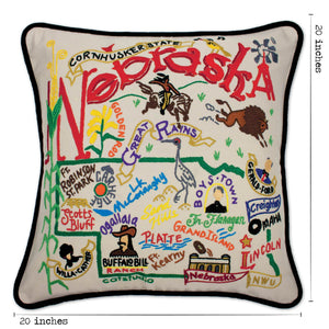 Nebraska Hand-Embroidered Pillow -  This original design celebrates the State of Nebraska - from Lincoln to Grand Island to Crescent Lake to Carhenge - to Omaha!