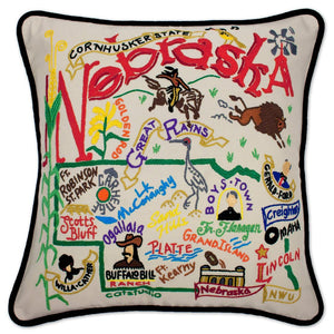 Nebraska Hand-Embroidered Pillow -  This original design celebrates the State of Nebraska - from Lincoln to Grand Island to Crescent Lake to Carhenge - to Omaha!