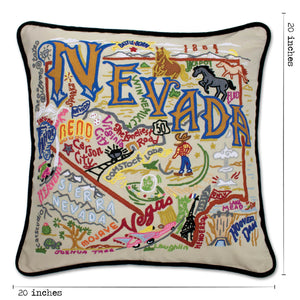 Nevada Hand-Embroidered Pillow -  This original design celebrates the state of Nevada from Vegas to Lake Tahoe to Sparks and across America's loneliest highway—Hwy 50!
