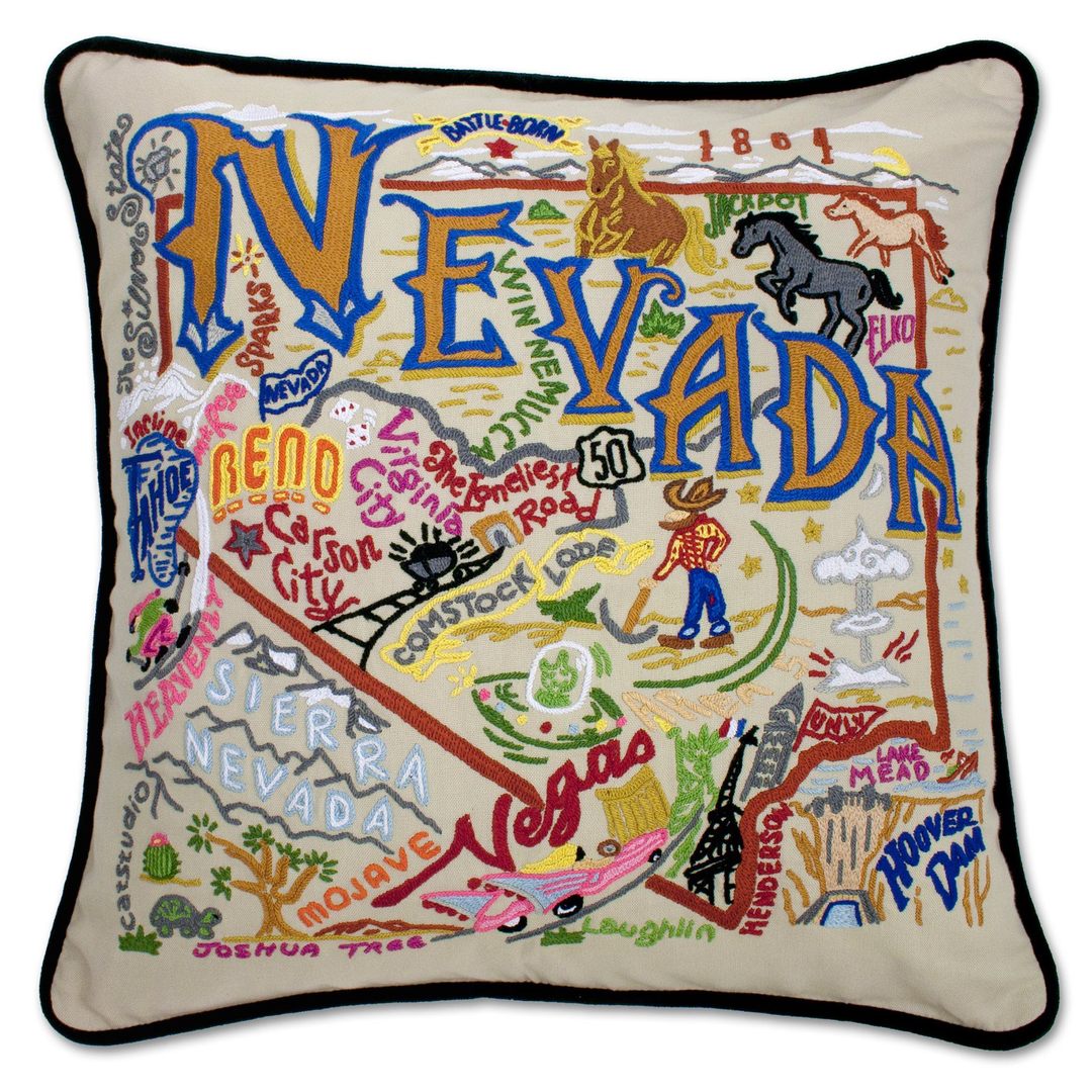 Nevada Hand-Embroidered Pillow -  This original design celebrates the state of Nevada from Vegas to Lake Tahoe to Sparks and across America's loneliest highway—Hwy 50!