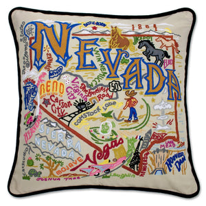 Nevada Hand-Embroidered Pillow -  This original design celebrates the state of Nevada from Vegas to Lake Tahoe to Sparks and across America's loneliest highway—Hwy 50!