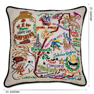New Hampshire Hand-Embroidered Pillow -  This original design celebrates the State of New Hampshire - from Nashua to Dartmouth to Mt. Washington to Portsmouth!